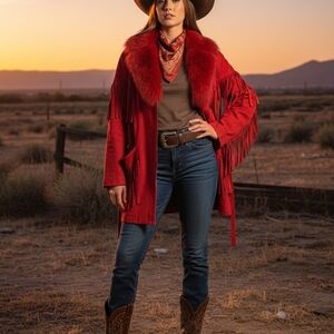 Red Fringe Coat with Fur Collar Size S